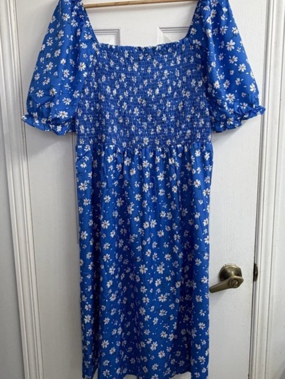 SHEIN Curve Blue Floral Midi Dress Women's 2X Smocked Puff Sleeve Slit NWOT